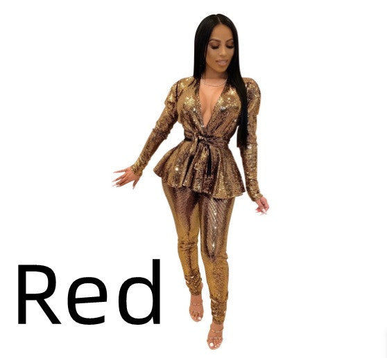 Slim Fit Fashion Bronzing Cloth Long Sleeve Suit With Belt - Elevate Your Wardrobe with Every Thread