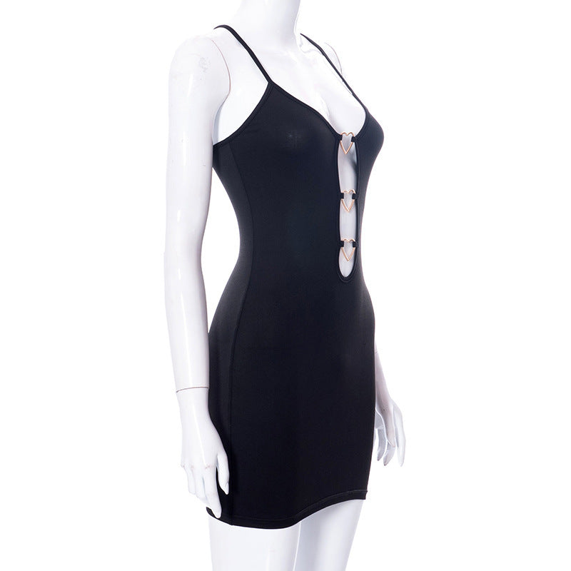 Hollow Out Black Bodycon Woman Dress Camisole Heart Ring Decor Club Sexy Party Dress For Women - Elevate Your Wardrobe with Every Thread