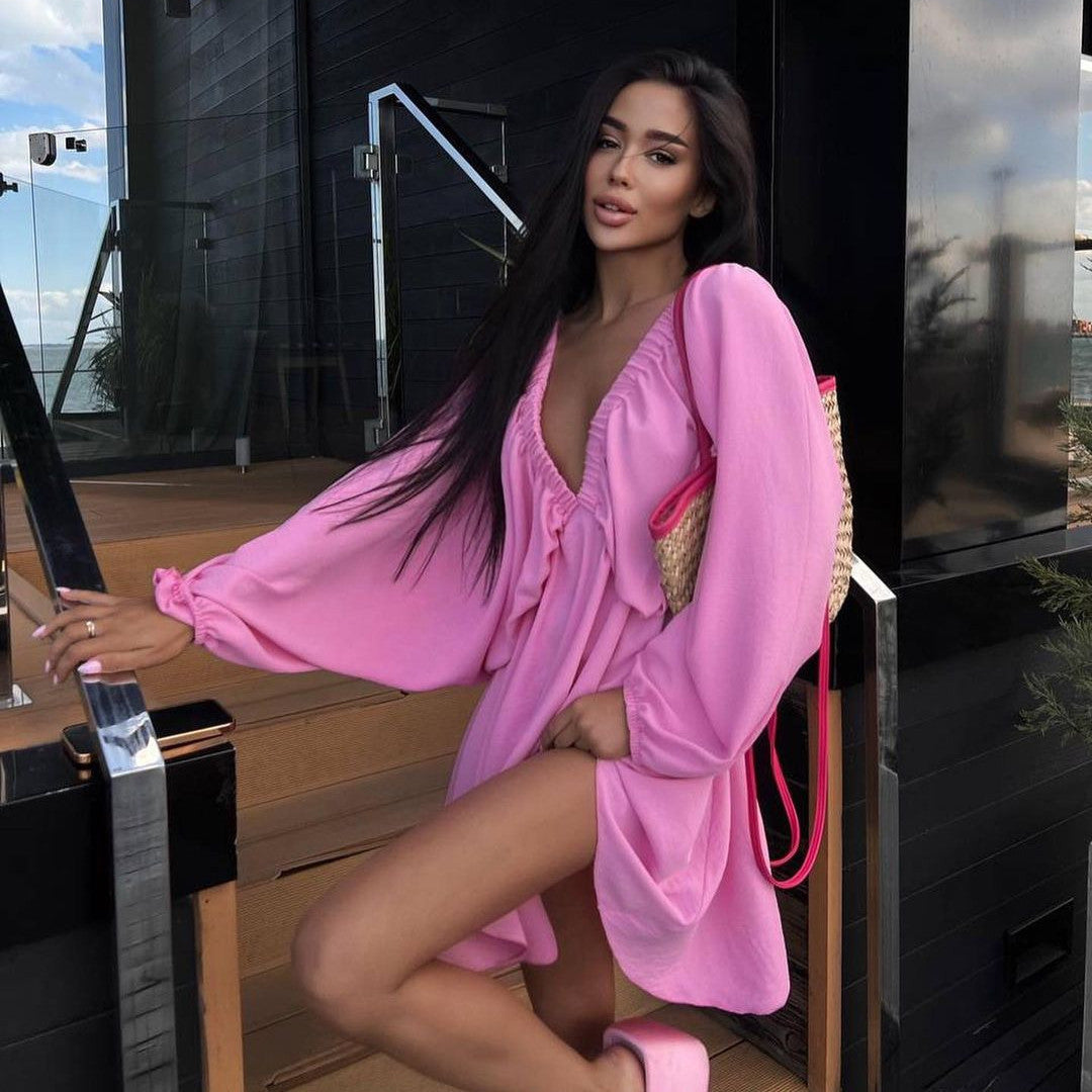 V-neck Lantern Sleeve Dress Fashion Loose Long-sleeved Dresses For Women Clothing