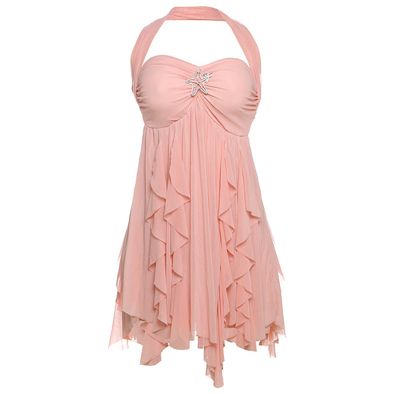 Ins Halter Neck Backless Dress Summer Sexy Printed Irregular Mesh Short Dresses For Evening Party Club Women's Clothing - Elevate Your Wardrobe with Every Thread