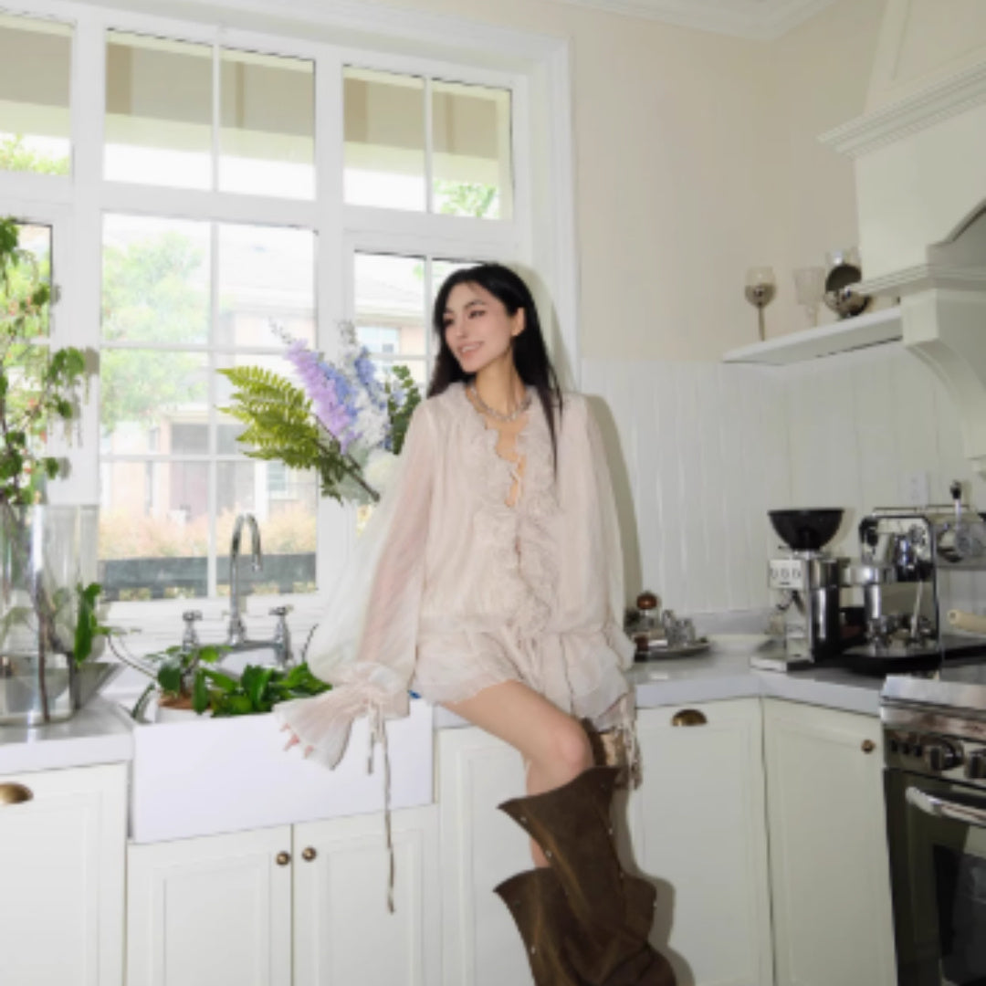 Lace Lantern Sleeve Shirtbase Shorts SetWomens Twopiece Set