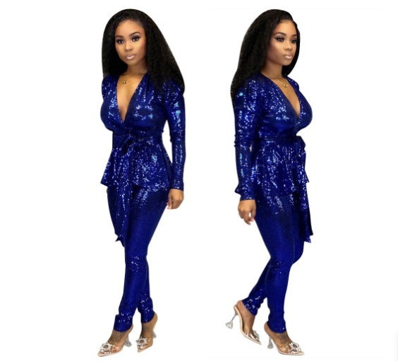 Slim Fit Fashion Bronzing Cloth Long Sleeve Suit With Belt - Elevate Your Wardrobe with Every Thread