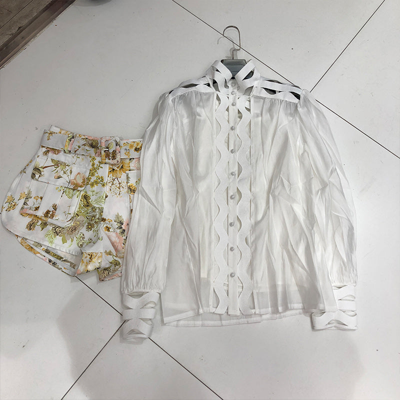 Women's Hollow Long Sleeve Shirt + Printed Suit Shorts Hot Pants 2-piece Set