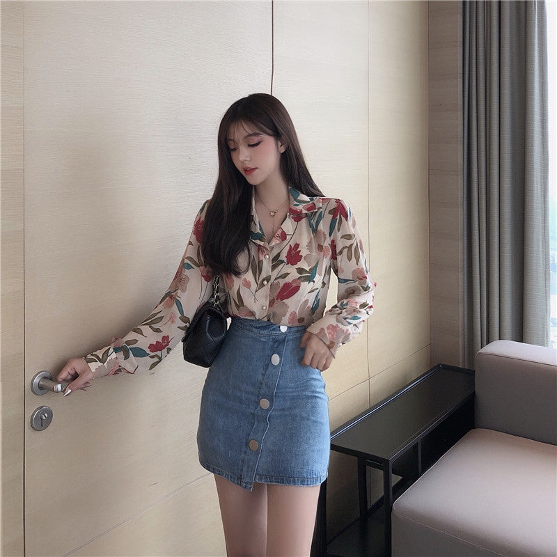 Ladies chiffon shirt temperament printed shirt - Elevate Your Wardrobe with Every Thread