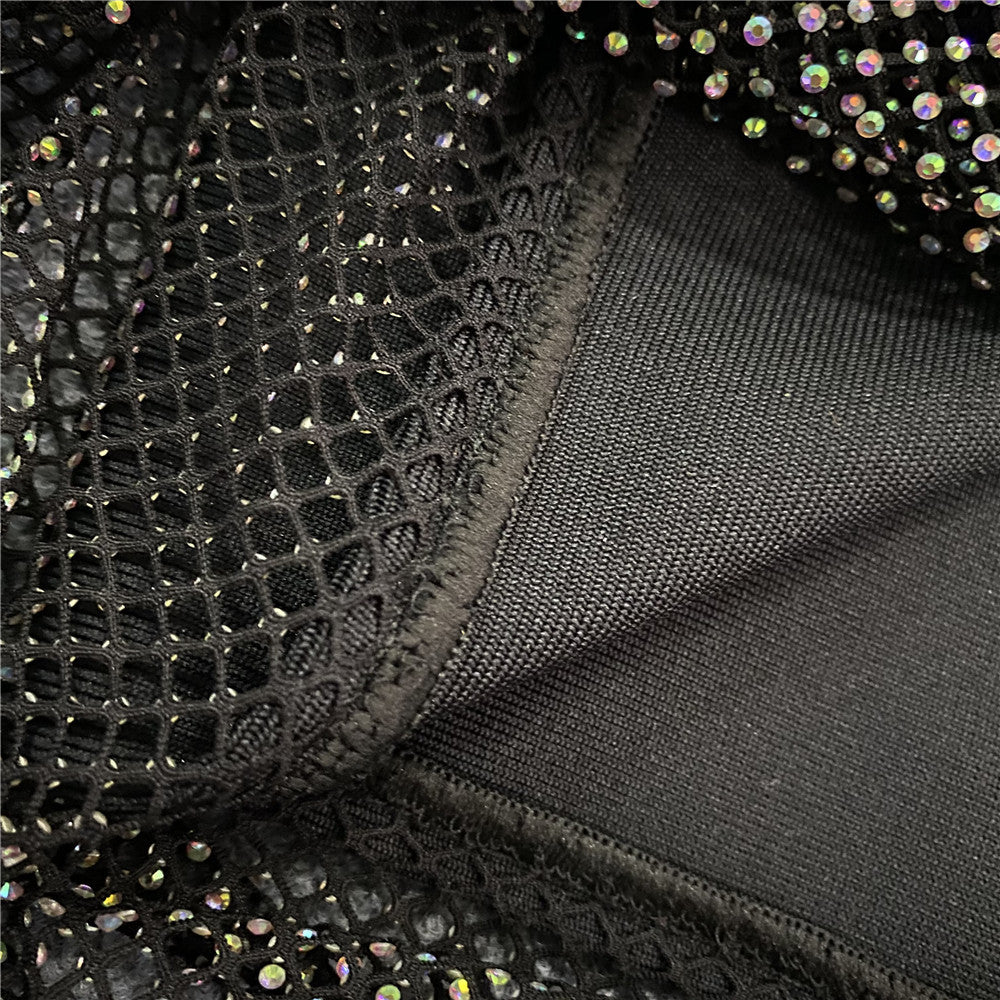 Sexy Women Clothing New Off-shoulder Long Sleeve Mesh Diamond-embedded Party Bandage One-piece Dress - Elevate Your Wardrobe with Every Thread