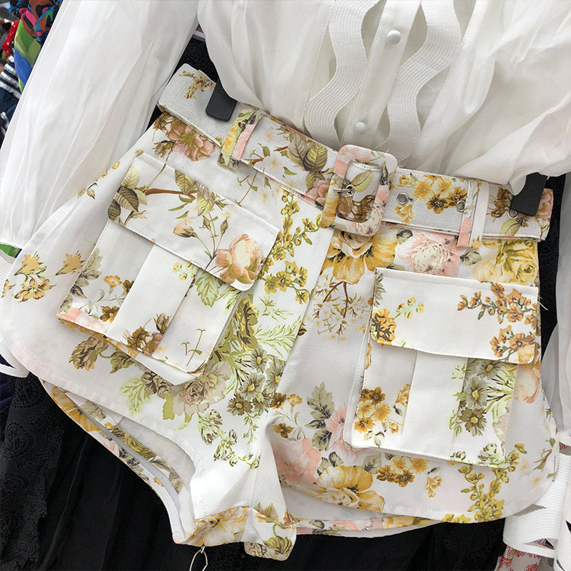 Women's Hollow Long Sleeve Shirt + Printed Suit Shorts Hot Pants 2-piece Set