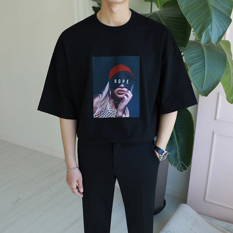 Portrait Printed Round Neck Short Sleeve T-Shirt Men
