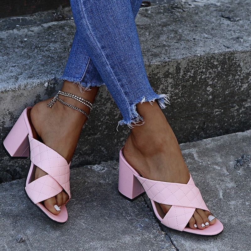 Pure Color Cross-Tail High Heels With Thick Heels