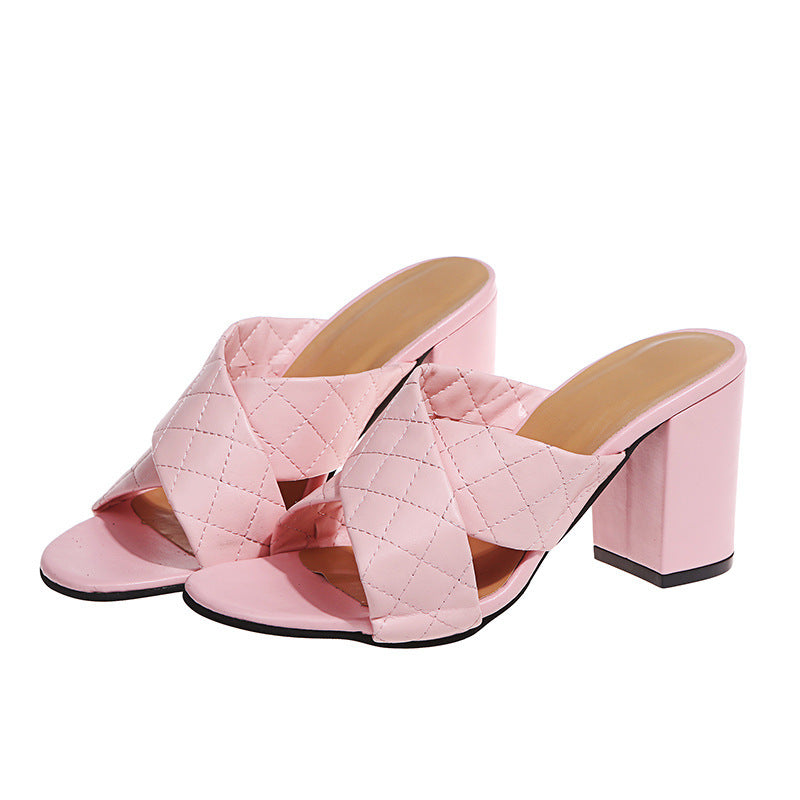 Pure Color Cross-Tail High Heels With Thick Heels