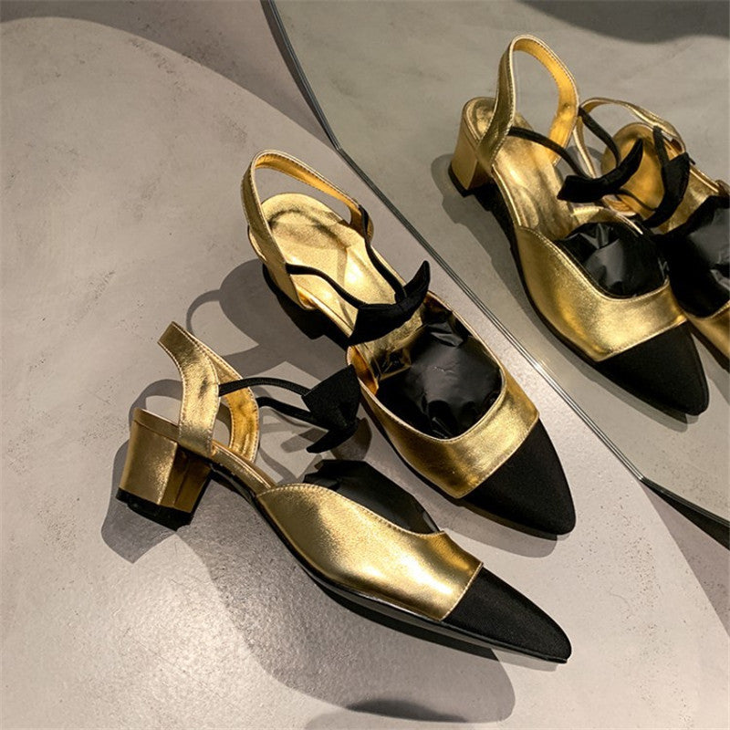 Colorblock Pointed-toe Chunky Heels With Mid-high Heels