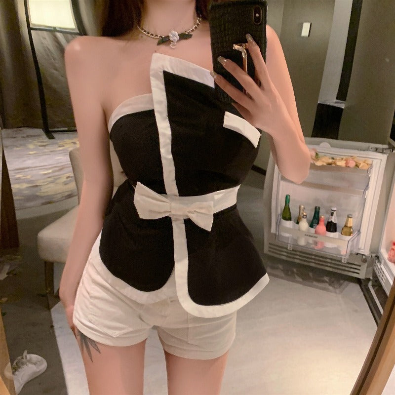 Women''S Summer Short Black Top With Bow Wrap Around Chest - Elevate Your Wardrobe with Every Thread