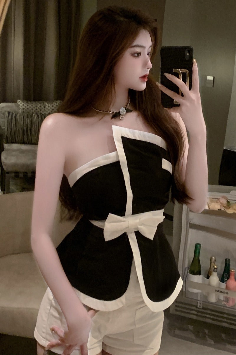 Women''S Summer Short Black Top With Bow Wrap Around Chest - Elevate Your Wardrobe with Every Thread