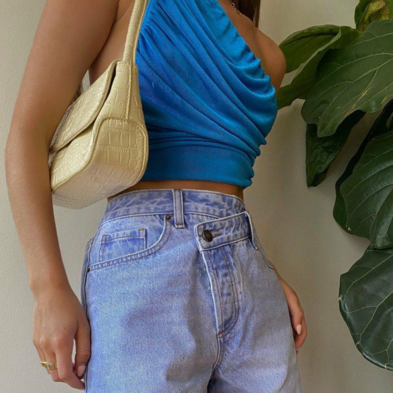 One Shoulder Crop Top Women Sexy Sleeveless Ruched Tank Top Summer White Black Blue Orange Plain Short Tanks Camis - Elevate Your Wardrobe with Every Thread