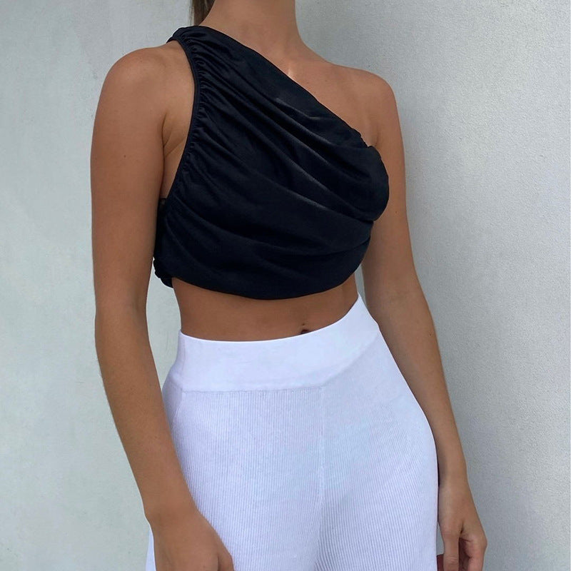 One Shoulder Crop Top Women Sexy Sleeveless Ruched Tank Top Summer White Black Blue Orange Plain Short Tanks Camis - Elevate Your Wardrobe with Every Thread
