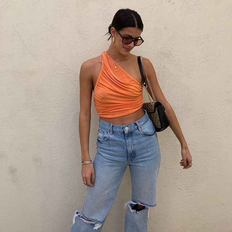 One Shoulder Crop Top Women Sexy Sleeveless Ruched Tank Top Summer White Black Blue Orange Plain Short Tanks Camis - Elevate Your Wardrobe with Every Thread