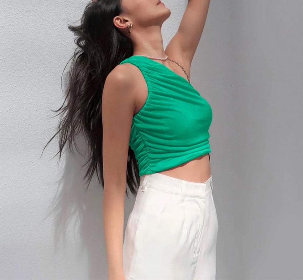 One Shoulder Crop Top Women Sexy Sleeveless Ruched Tank Top Summer White Black Blue Orange Plain Short Tanks Camis - Elevate Your Wardrobe with Every Thread