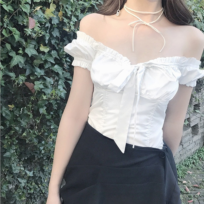 Sexy Bowknot Collar Shoulder-exposed Short-sleeved Women''s Shirt - Elevate Your Wardrobe with Every Thread