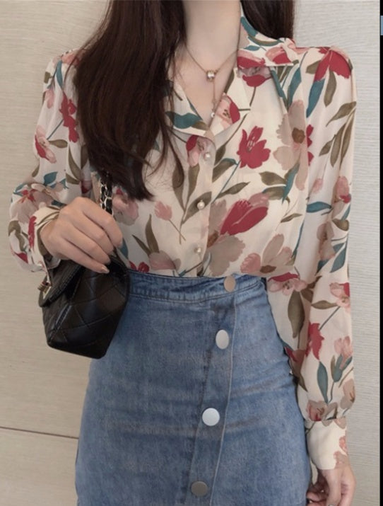 Ladies chiffon shirt temperament printed shirt - Elevate Your Wardrobe with Every Thread