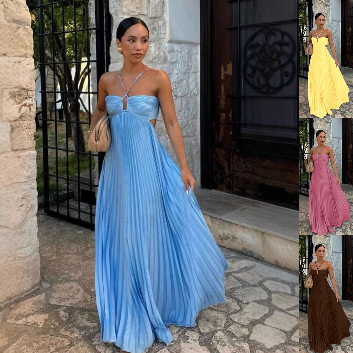 Ins Pleated Sleeveless Sling Dress Hollow High Waist Halter Robe Dresses For Evening Party Club Clothing Women - Elevate Your Wardrobe with Every Thread