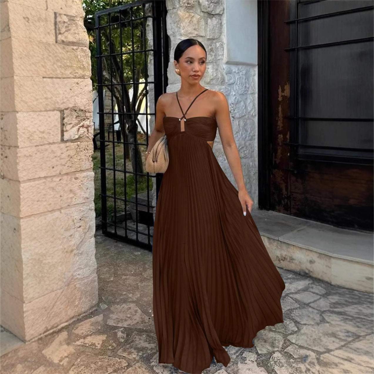 Ins Pleated Sleeveless Sling Dress Hollow High Waist Halter Robe Dresses For Evening Party Club Clothing Women - Elevate Your Wardrobe with Every Thread