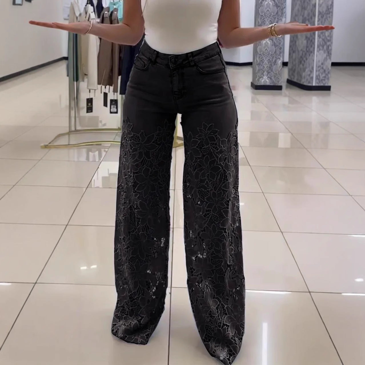 Y2K Lace Flowers Hollow Jeans Fashion High Waist Straight Wide Leg Pants Solid Color Trousers Women's Clothing - Elevate Your Wardrobe with Every Thread