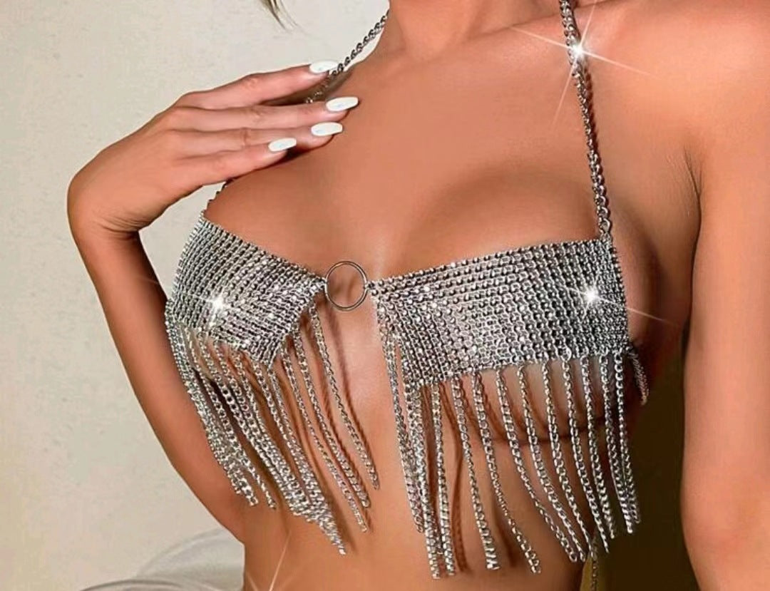 Rhinestone Inlaid Diamond Cloth Tassel Chain Joint Halter Vest - Elevate Your Wardrobe with Every Thread