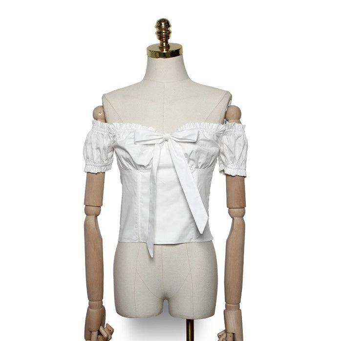 Sexy Bowknot Collar Shoulder-exposed Short-sleeved Women''s Shirt - Elevate Your Wardrobe with Every Thread