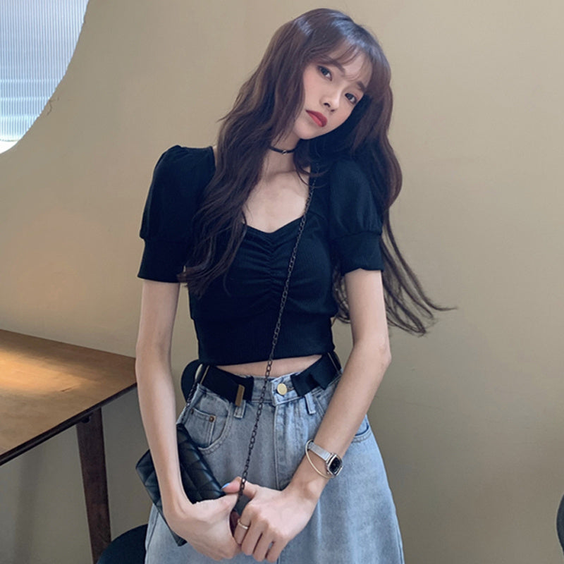 Bubble Sleeve Knitted Short Sleeve T-shirt Women''s Summer Short - Elevate Your Wardrobe with Every Thread