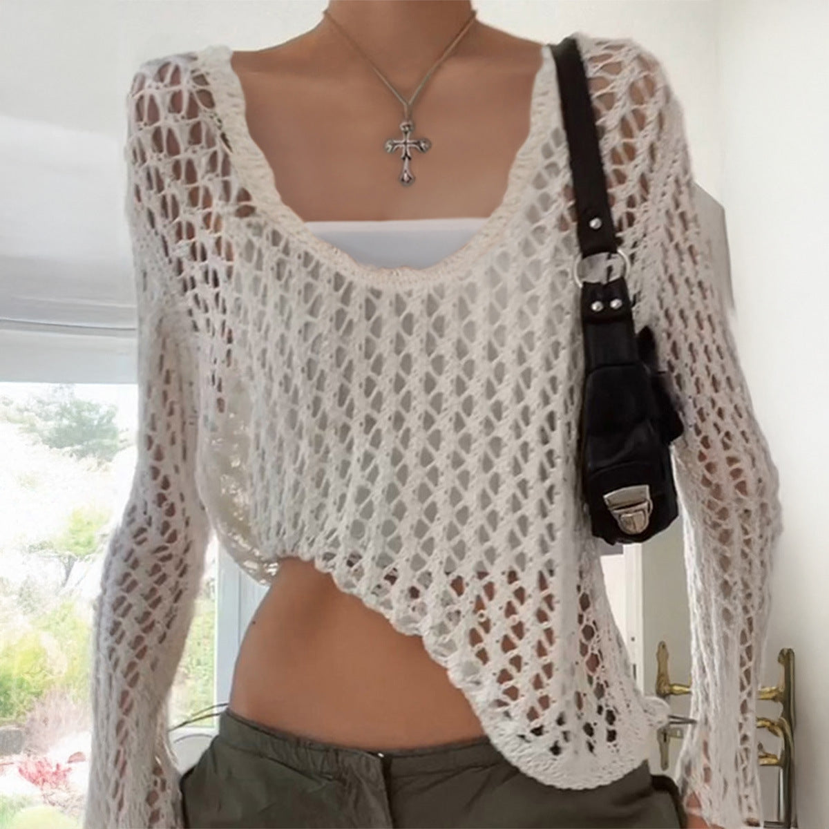 Hot Girl Style Long Sleeve Hollow T-shirt Woolen Women's Clothing - Elevate Your Wardrobe with Every Thread