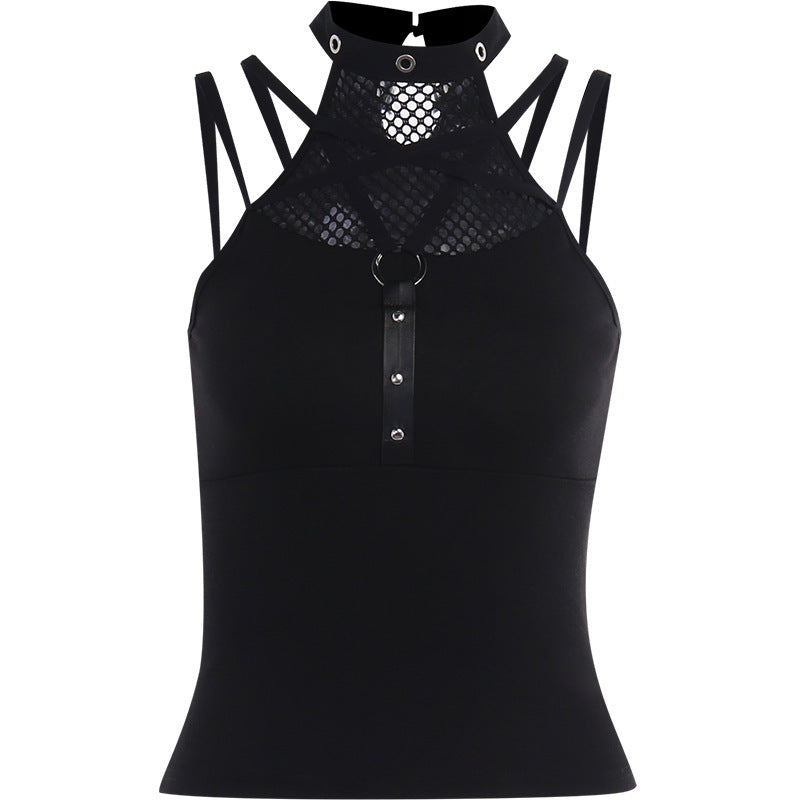 New Trendy Punk Mesh Patchwork Slim Fitting Spicy Girl Tank Top For Women