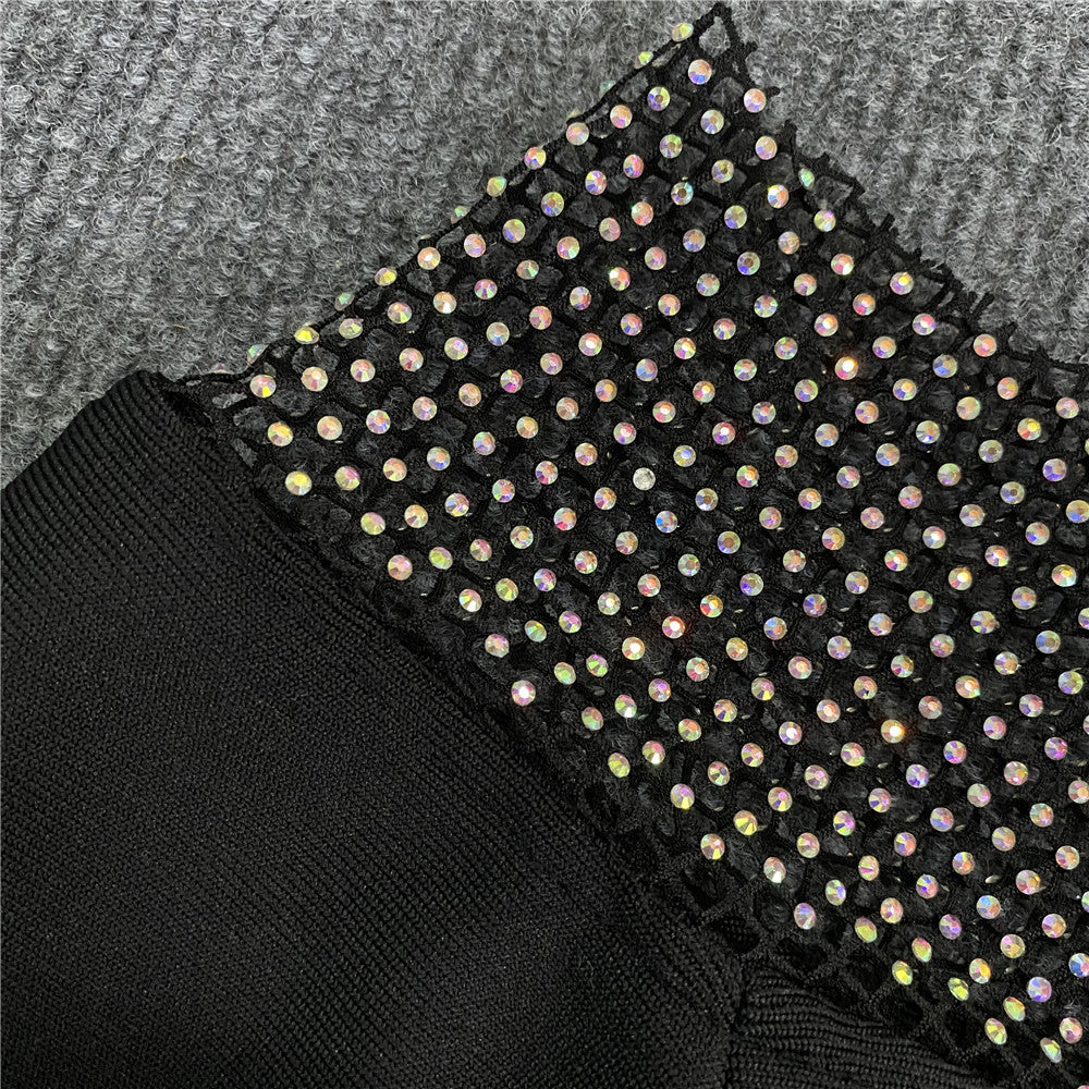 Sexy Women Clothing New Off-shoulder Long Sleeve Mesh Diamond-embedded Party Bandage One-piece Dress - Elevate Your Wardrobe with Every Thread