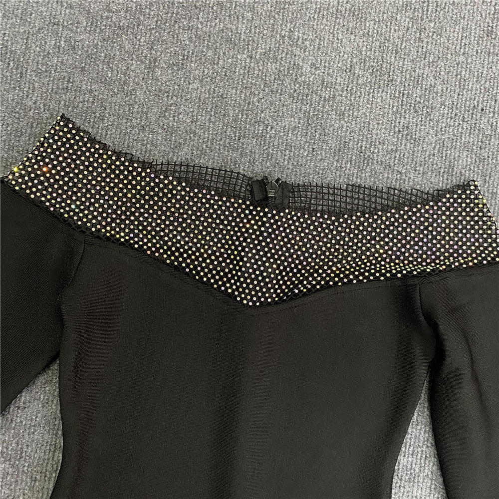 Sexy Women Clothing New Off-shoulder Long Sleeve Mesh Diamond-embedded Party Bandage One-piece Dress - Elevate Your Wardrobe with Every Thread
