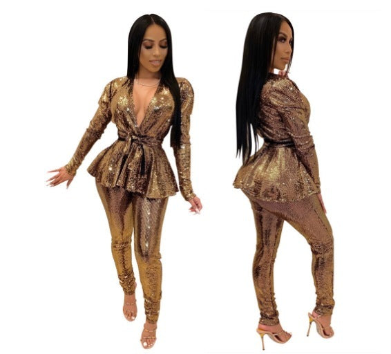 Slim Fit Fashion Bronzing Cloth Long Sleeve Suit With Belt - Elevate Your Wardrobe with Every Thread