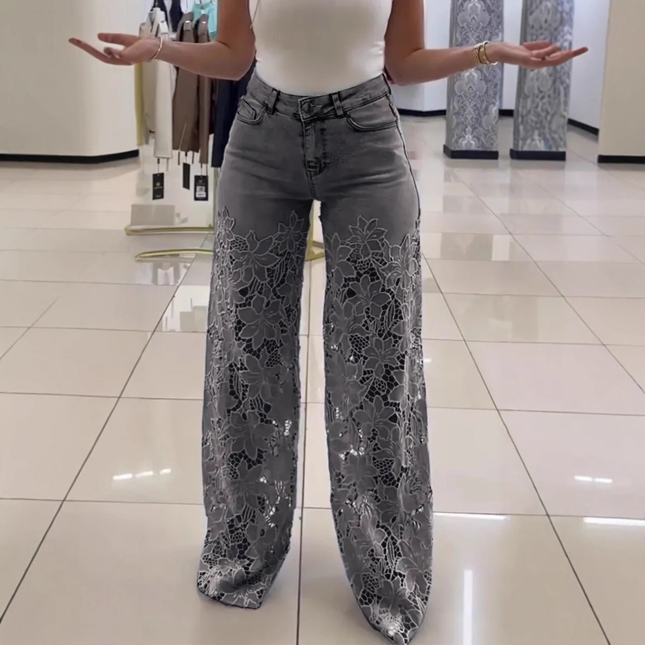 Y2K Lace Flowers Hollow Jeans Fashion High Waist Straight Wide Leg Pants Solid Color Trousers Women's Clothing - Elevate Your Wardrobe with Every Thread