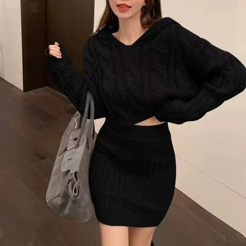 Retro Style Fashionable Hooded Twist Knit Sweater Skirt Suit - Elevate Your Wardrobe with Every Thread