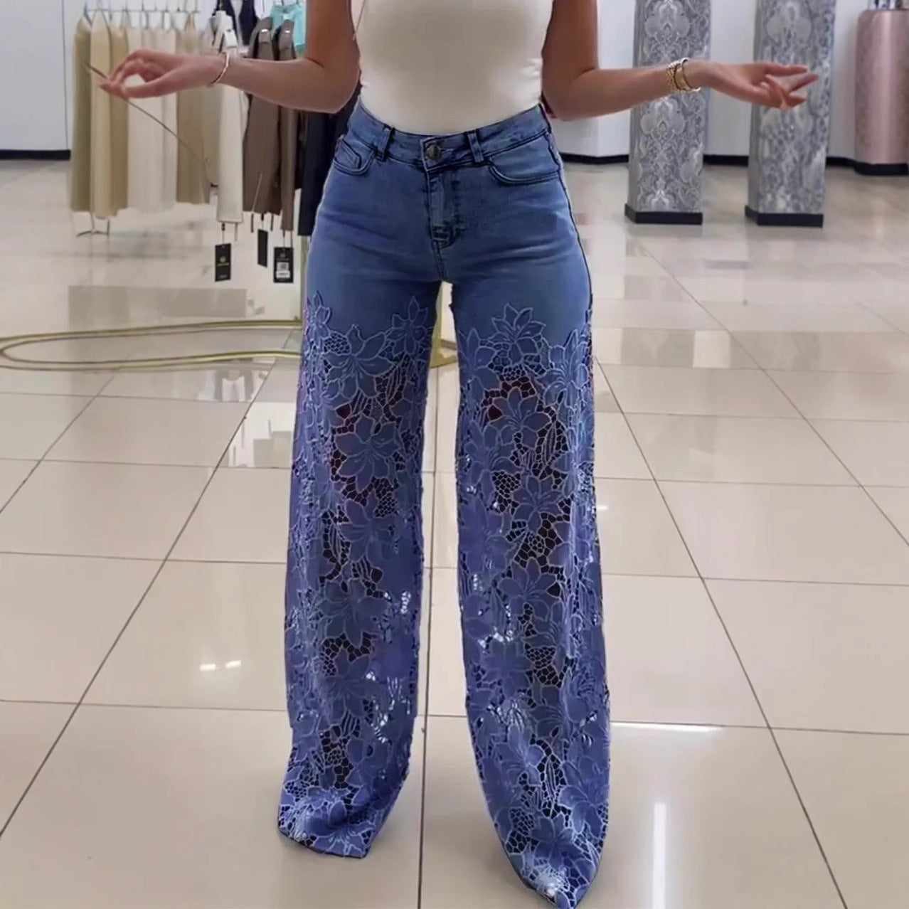 Y2K Lace Flowers Hollow Jeans Fashion High Waist Straight Wide Leg Pants Solid Color Trousers Women's Clothing - Elevate Your Wardrobe with Every Thread