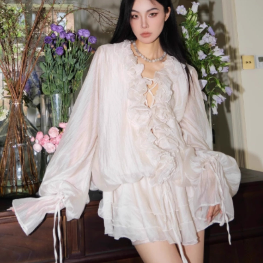 Lace Lantern Sleeve Shirtbase Shorts SetWomens Twopiece Set