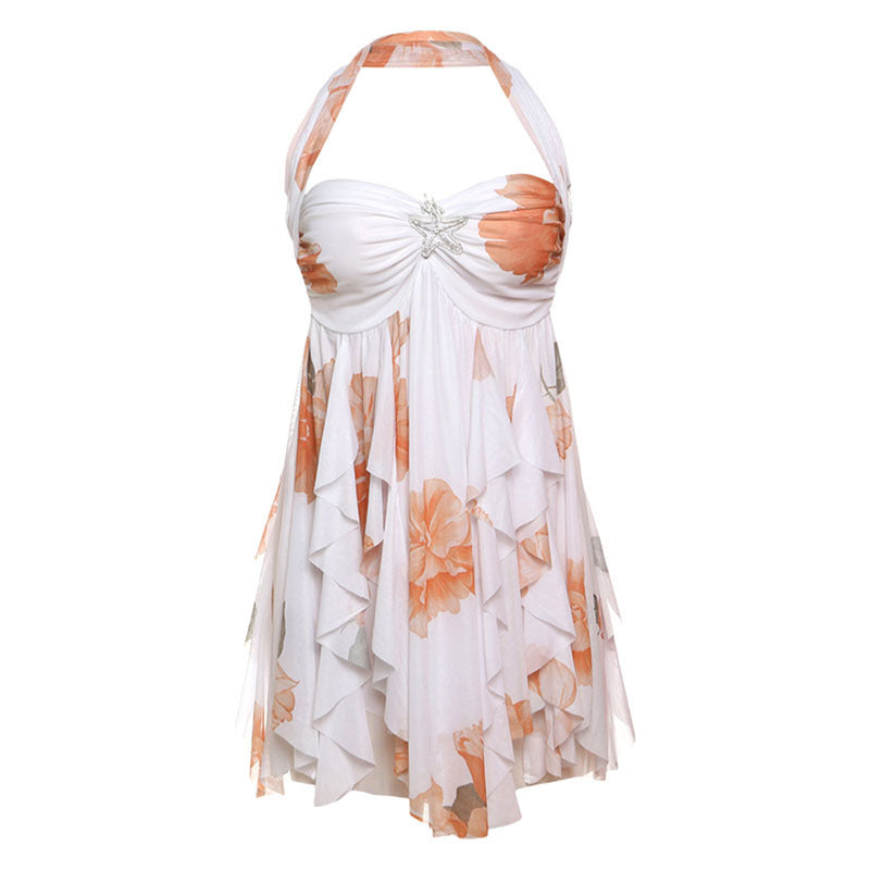 Ins Halter Neck Backless Dress Summer Sexy Printed Irregular Mesh Short Dresses For Evening Party Club Women's Clothing - Elevate Your Wardrobe with Every Thread