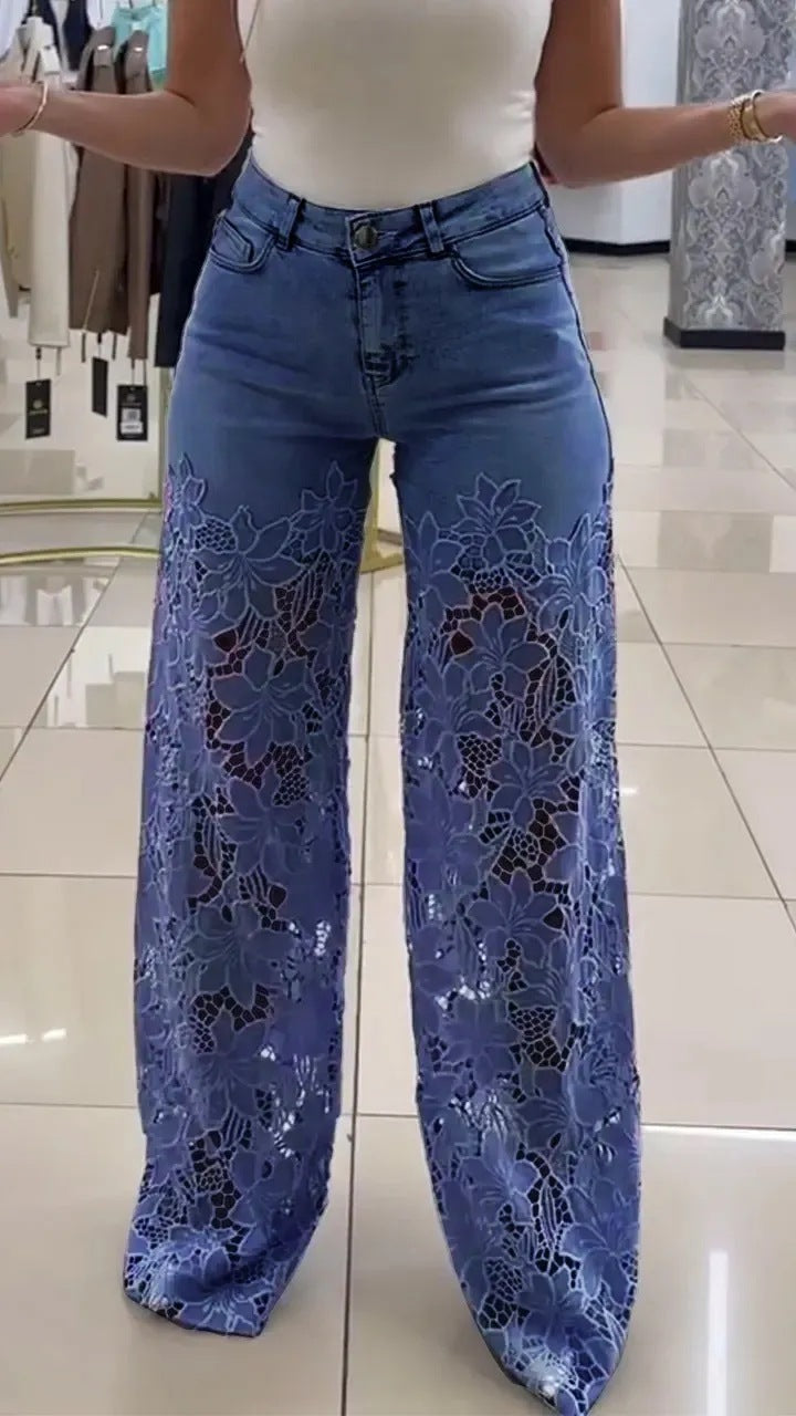 Y2K Lace Flowers Hollow Jeans Fashion High Waist Straight Wide Leg Pants Solid Color Trousers Women's Clothing - Elevate Your Wardrobe with Every Thread