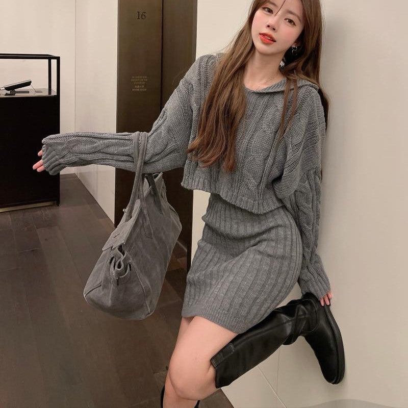Retro Style Fashionable Hooded Twist Knit Sweater Skirt Suit - Elevate Your Wardrobe with Every Thread