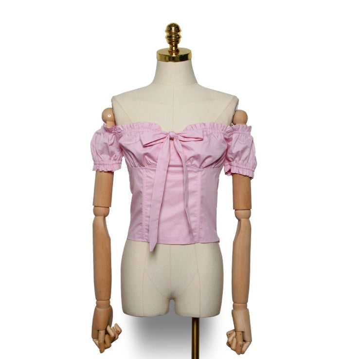Sexy Bowknot Collar Shoulder-exposed Short-sleeved Women''s Shirt - Elevate Your Wardrobe with Every Thread
