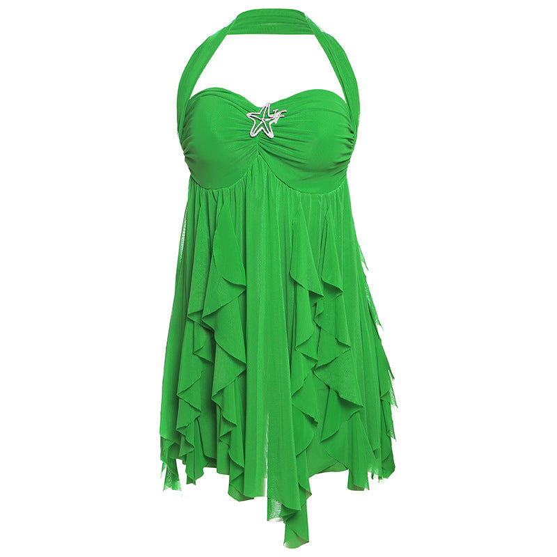Ins Halter Neck Backless Dress Summer Sexy Printed Irregular Mesh Short Dresses For Evening Party Club Women's Clothing - Elevate Your Wardrobe with Every Thread