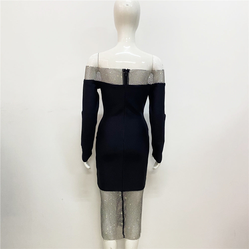 Sexy Women Clothing New Off-shoulder Long Sleeve Mesh Diamond-embedded Party Bandage One-piece Dress - Elevate Your Wardrobe with Every Thread