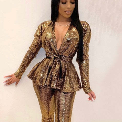 Slim Fit Fashion Bronzing Cloth Long Sleeve Suit With Belt - Elevate Your Wardrobe with Every Thread