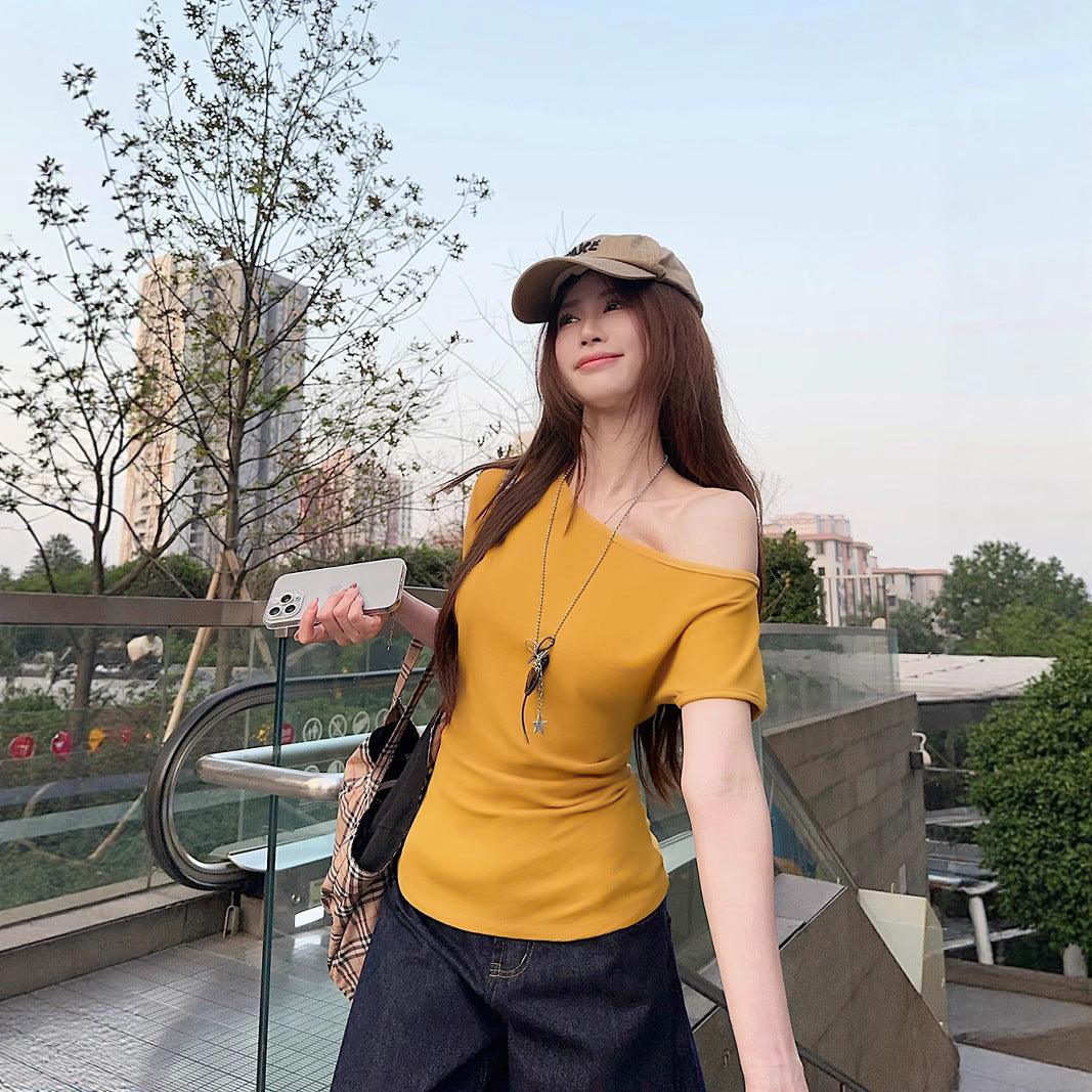 Women's Short-sleeved T-shirt Off-the-shoulder Fitted Waist Top - Elevate Your Wardrobe with Every Thread