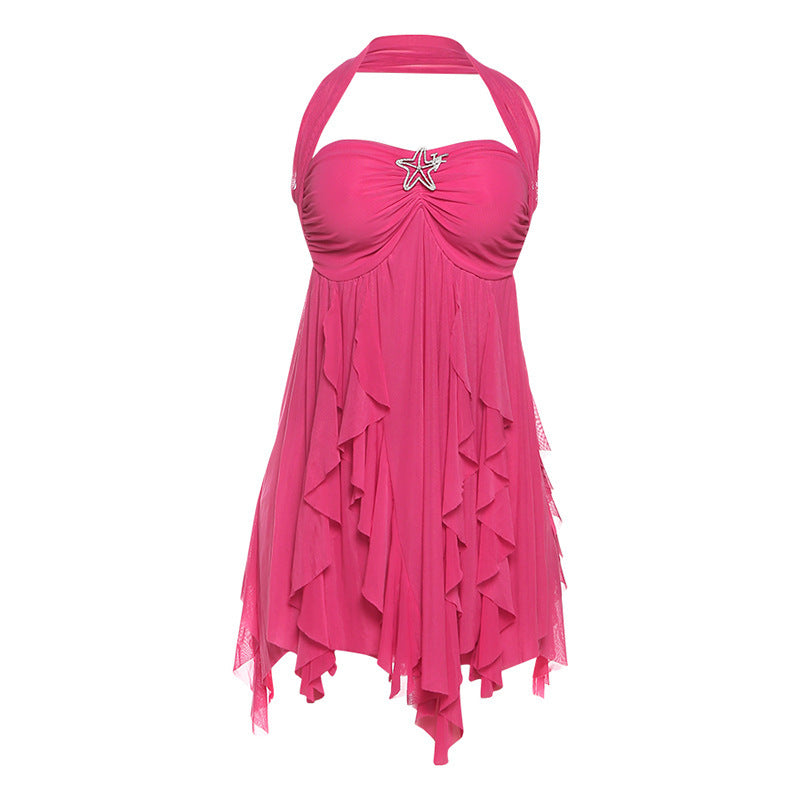 Ins Halter Neck Backless Dress Summer Sexy Printed Irregular Mesh Short Dresses For Evening Party Club Women's Clothing - Elevate Your Wardrobe with Every Thread