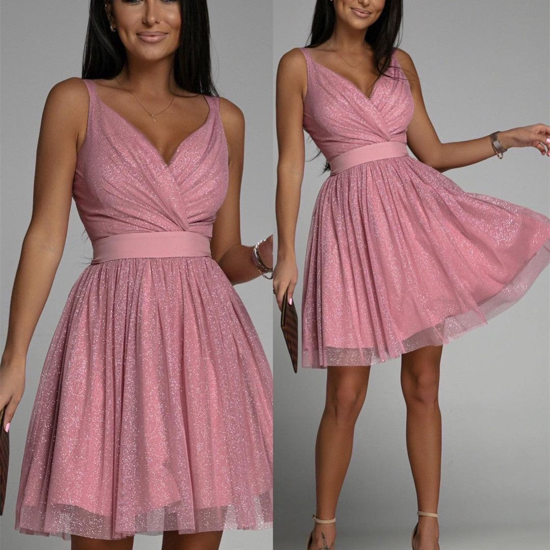 Women Elegant Glitter Sleeveless Deep V Neck Mesh Party Dress - Elevate Your Wardrobe with Every Thread