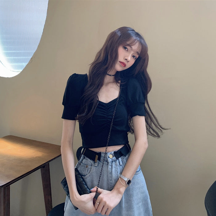 Bubble Sleeve Knitted Short Sleeve T-shirt Women''s Summer Short - Elevate Your Wardrobe with Every Thread