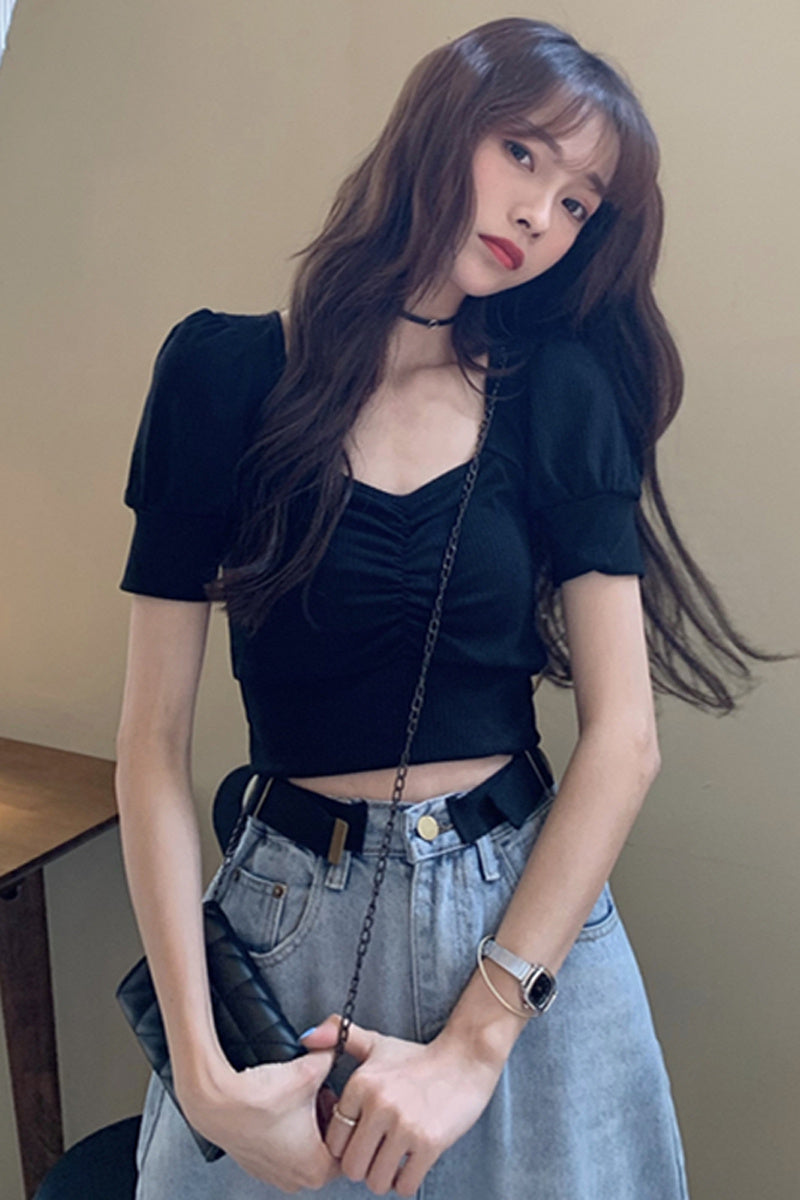 Bubble Sleeve Knitted Short Sleeve T-shirt Women''s Summer Short - Elevate Your Wardrobe with Every Thread