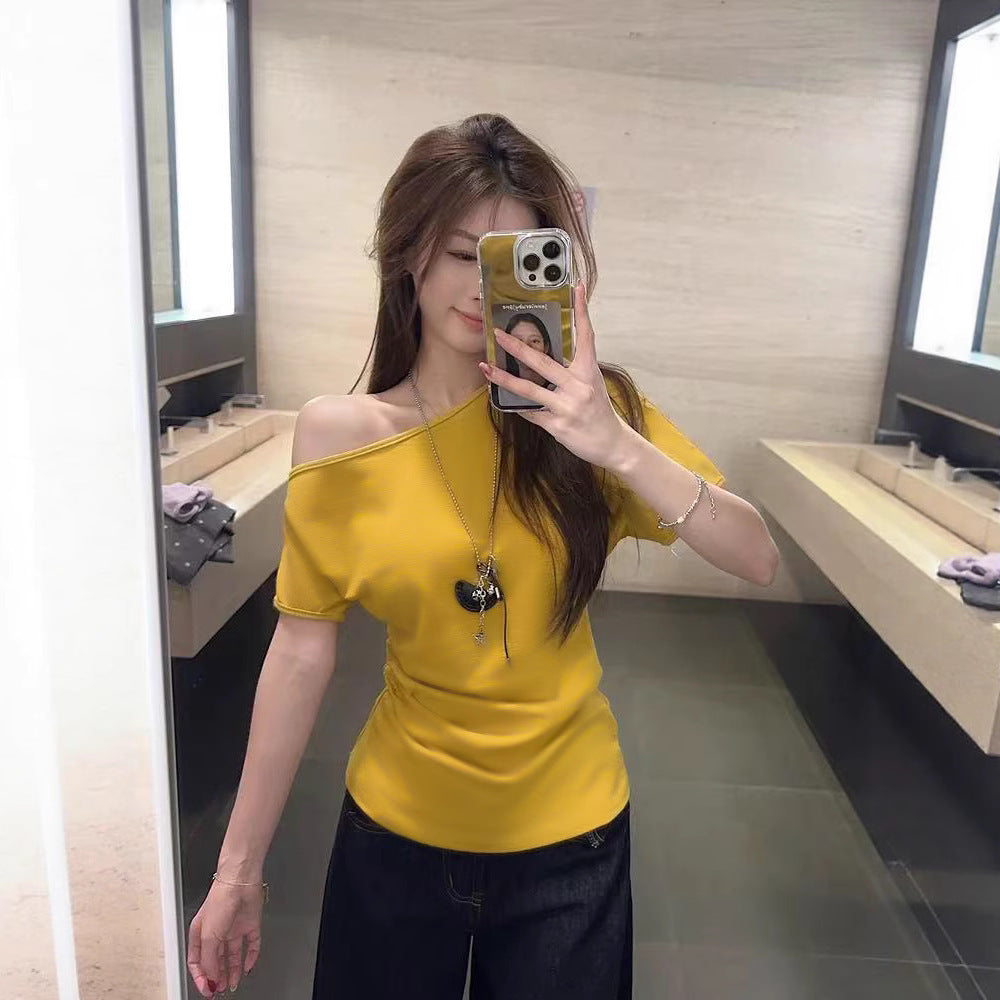 Women's Short-sleeved T-shirt Off-the-shoulder Fitted Waist Top - Elevate Your Wardrobe with Every Thread